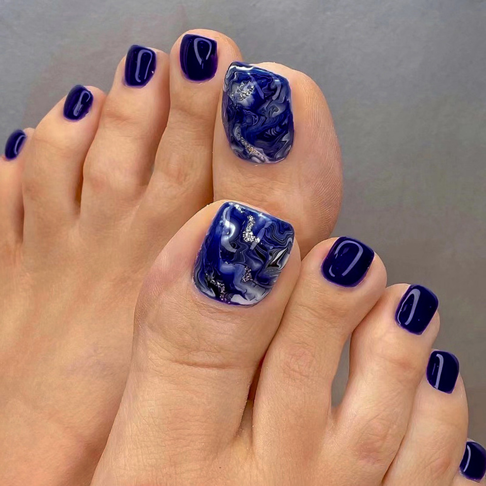 Resin Art And Deco - 24 Stück glänzende blaue künstliche Zehennägel,