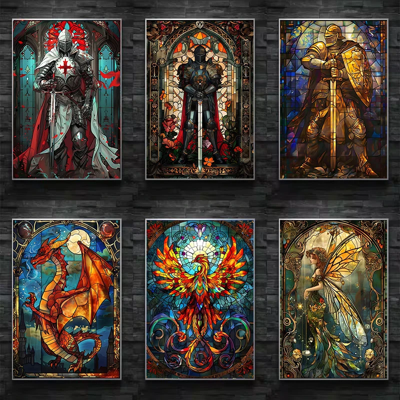 Resin Art And Deco - Fantasy Buntglas-Poster Druck Goldener Ritter Totenkopf