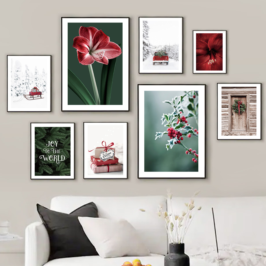 Resin Art Images - Poster Weihnachtsschlitten Roter Ringelblumen-Zedern-Türkranz Skandinavischer Wandkunstdruck