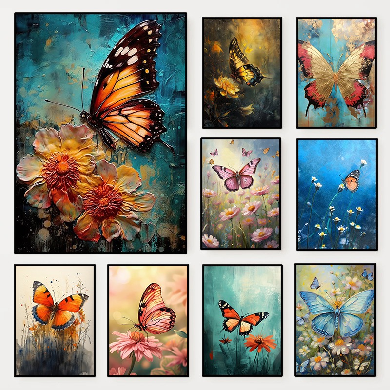Resin Art And Deco - Blumen-Schmetterling-Poster, farbenfrohe Insekten- und Blumenlandschaft, minimalistischer